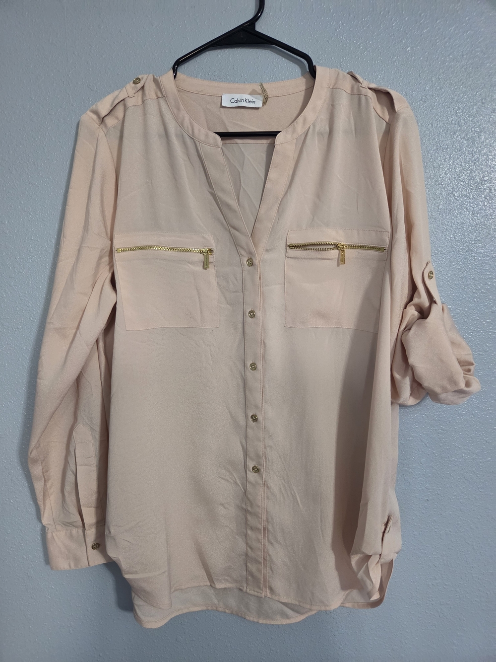 Calvin Klein Pale Pink Button-Front Blouse with Gold Zippers #109